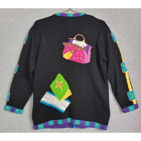 Storybook Knits Vintage Travel Cardigan Medium Black Suitcase Globe Sailboat - Picture 8 of 13